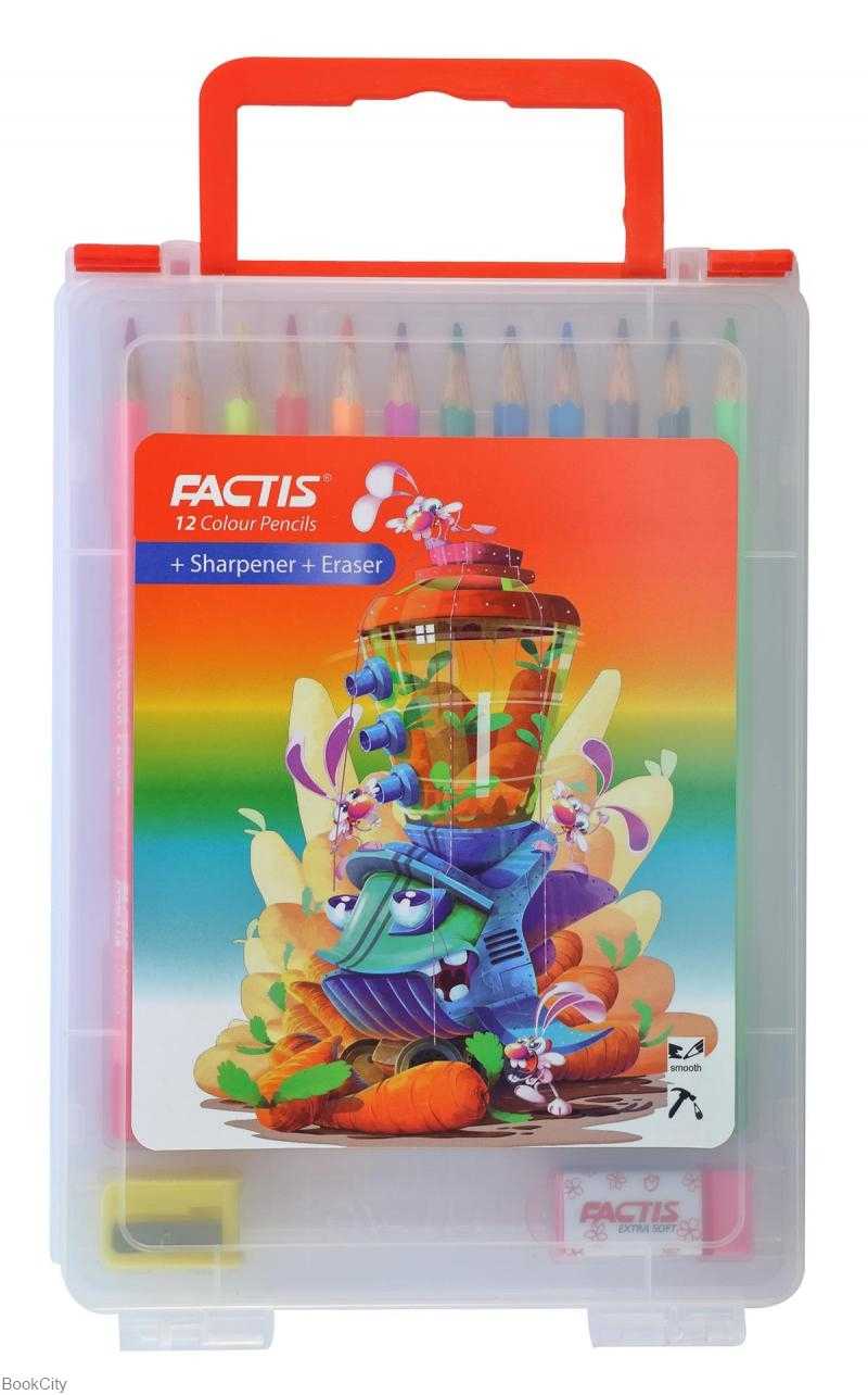 مدادرنگی 12 رنگ کیفی با پاک‌کن و تراش FACTIS