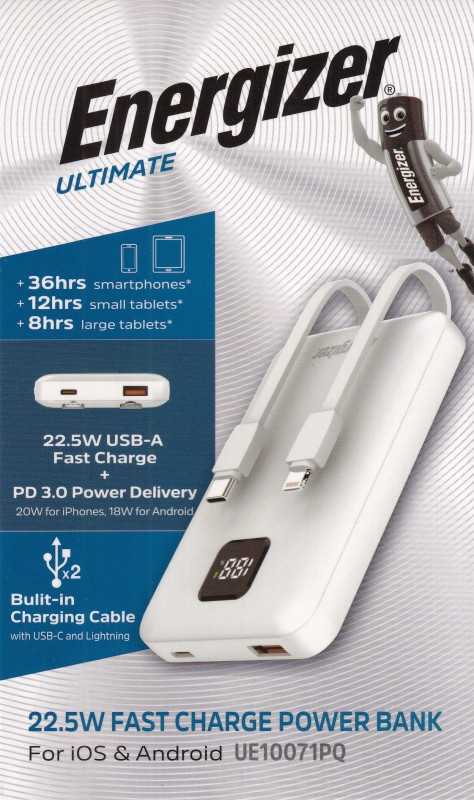 پاور بانک Power Bank Energizer UE 10071 PQ PD LCD (22.5W) Cable C and I 10000mAh White