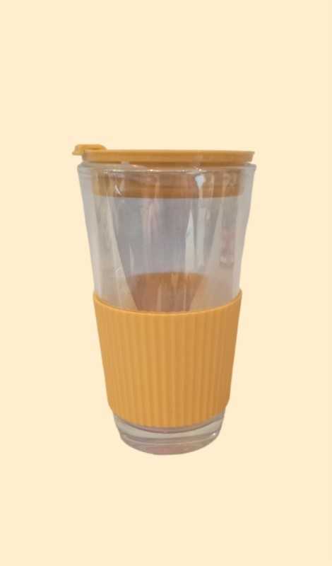 ماگ شیشه‌ای دور سیلیکونی درب‌دار زرد 000295 - 0