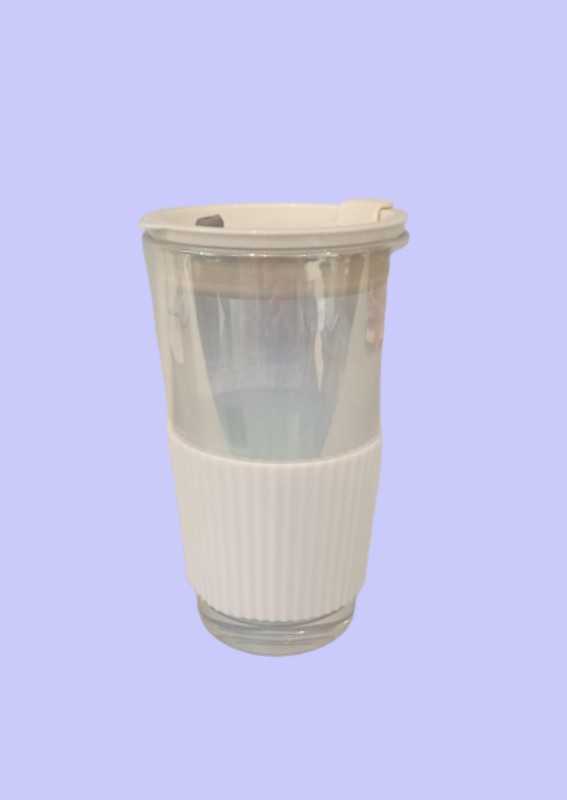 ماگ شیشه‌ای دور سیلیکونی درب‌دار سفید 000295