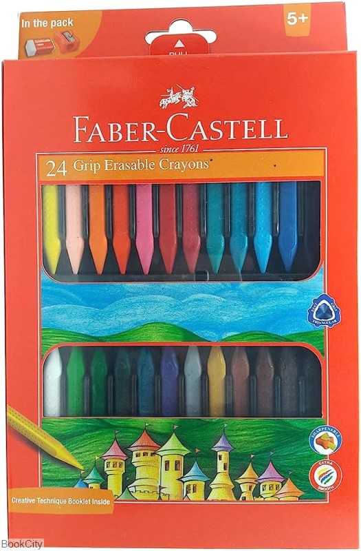 پاستل روغنی 24 رنگ مقوایی پاک‌شو با تراش و پاک‌کن FABER CASTELL 122924 Grip