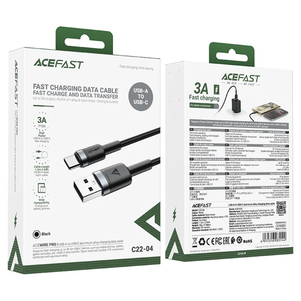 کابل شارژ Acefast USB A to USB C Fast Charging data cable 3A 1.2m C22-04