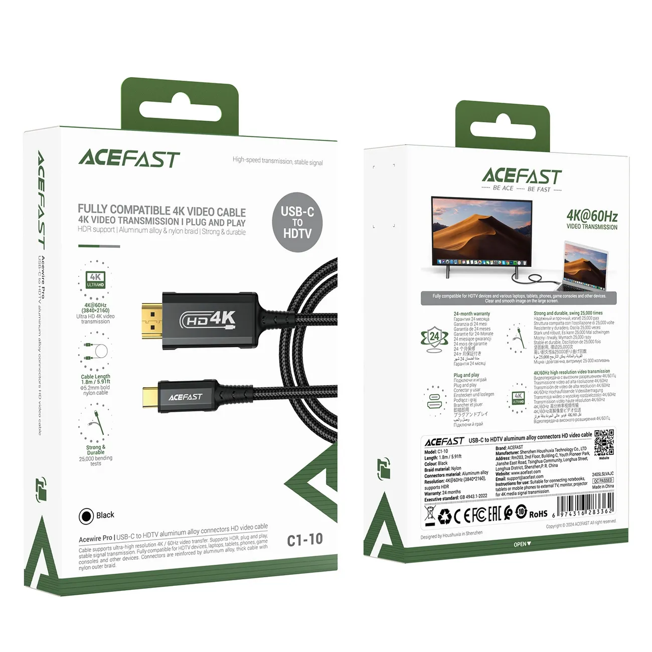 کابل Acefast USB C to HDTV aluminum alloy connectors HD video cable 1.8m C1-10