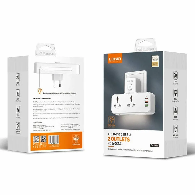 چند راهی برق و شارژر LDNIO PD QC3.0 2 Sockets and 3 USB 2500W SC2311