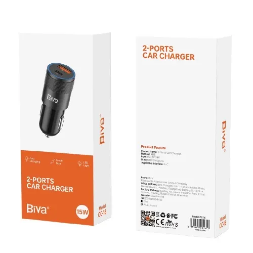 شارژر Biva 2 Ports USB and Type-C Car Charger 15W CC-16