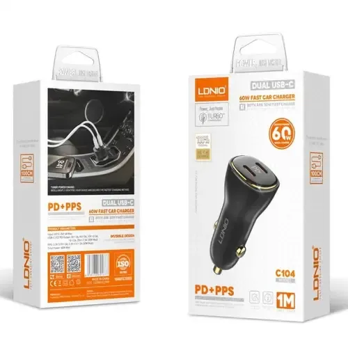 شارژر فندکی LDNIO 60W Dual USB-C Fast Car Charger With Cable C104