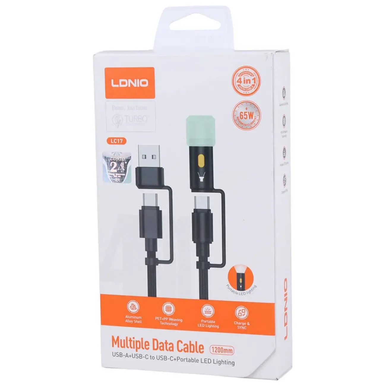کابل شارژ LDNIO USB-C + USB-A to USB-C + Portable LED Multiple Data 4 in 1 Cable 1.2m LC17